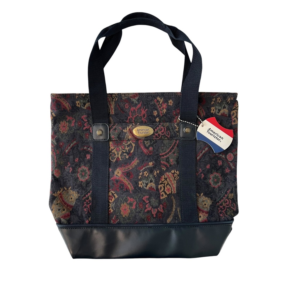 Vintage American Tourister Tapestry Tote‎ Bag Floral Carpet Navy Travel Carry On